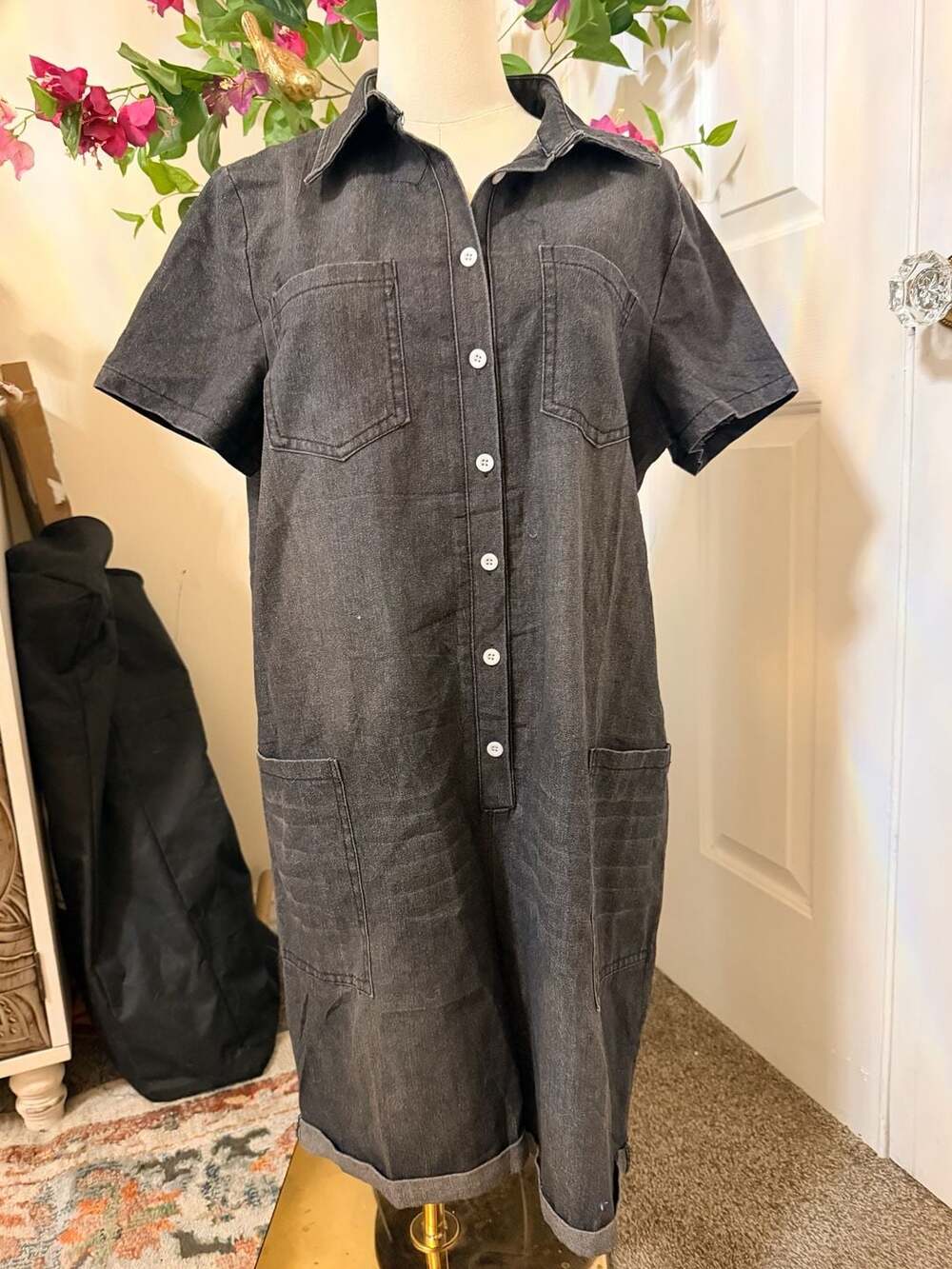 Women's Black Denim Short Sleeve Button Down Romper